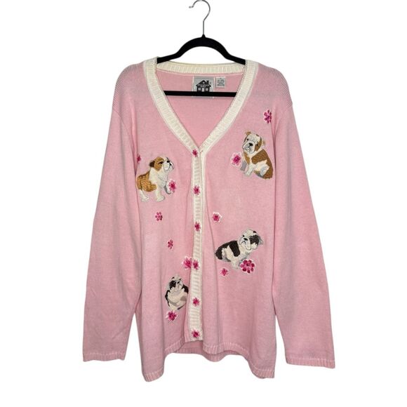 SOLD🚫 Vintage Storybook Knits Women’s 3X Puppy Dog Cardigan Sweater Pink Bulldog - Picture 2 of 8